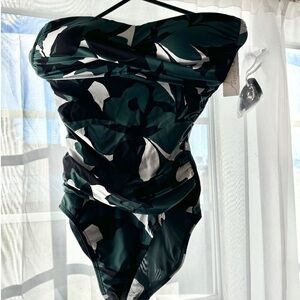 Chic Green and Black Strapless Swimsuit